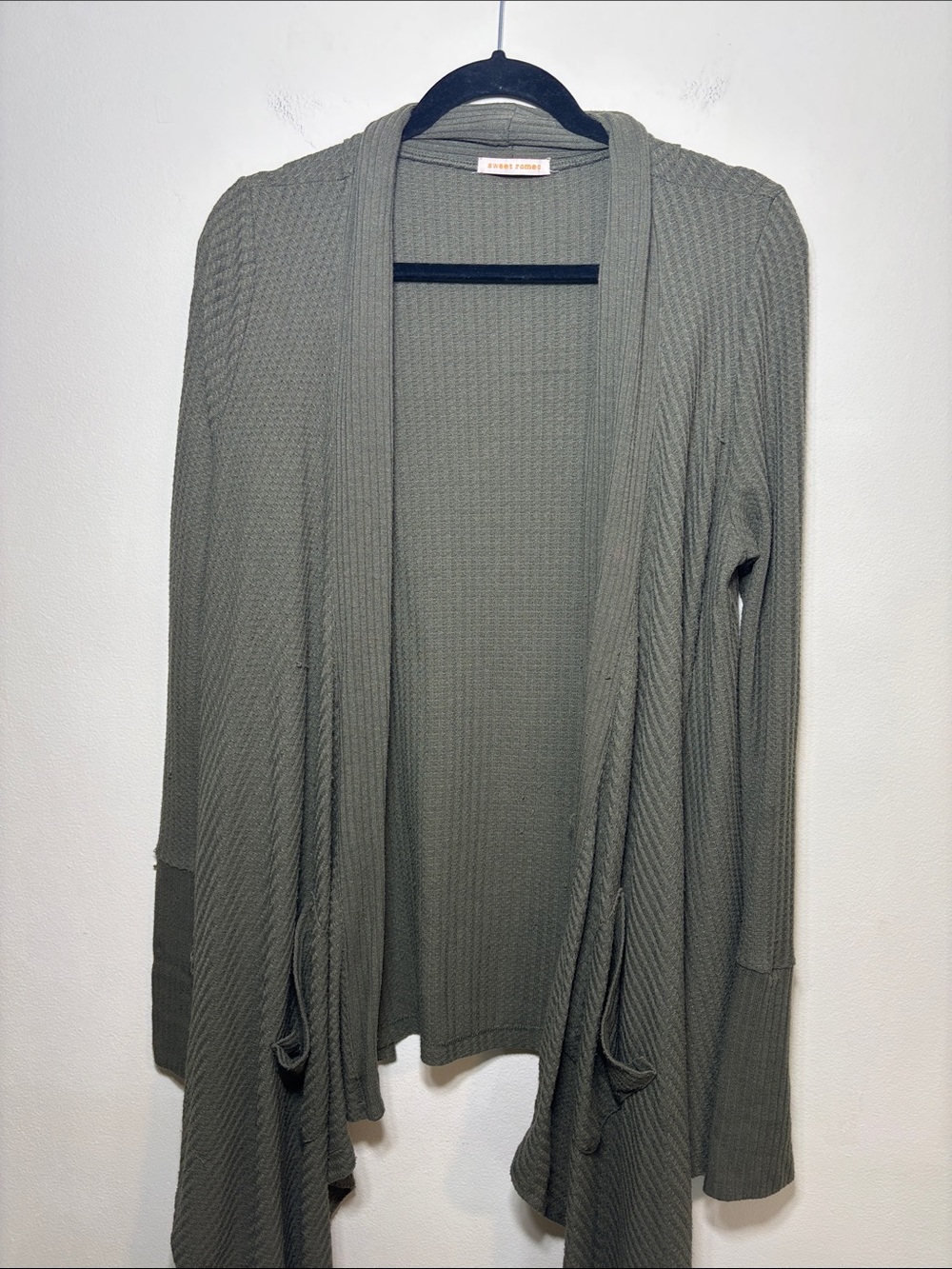 Sweet Romeo Olive Green Waffle Knit Open Cardigan
